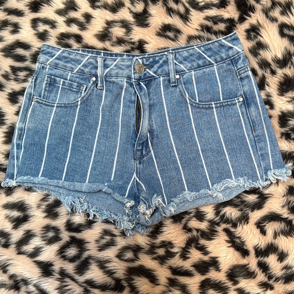 PacSun High Rise Festival Blue and White Striped Jean Shorts w/ Freyed Hem